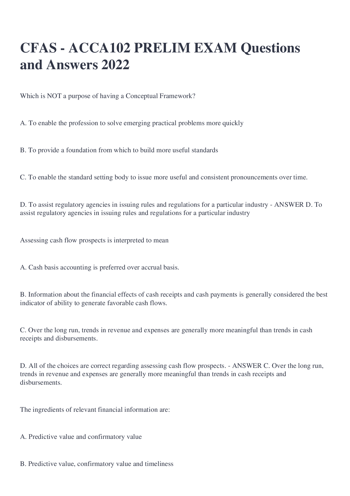 Preview image for CFAS - ACCA102 PRELIM EXAM Questions and Answers 2022